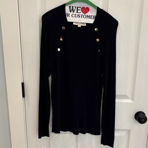 LOFT Navy Blue Ribbed Long Sleeve Sweater with Brass Button Details